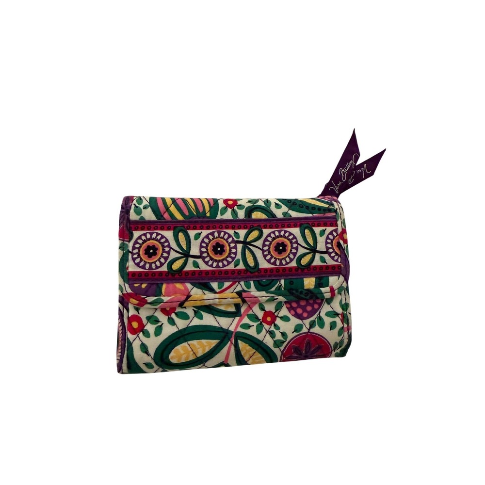 Vera Bradley Floral Quilted Trifold Wallet Purple Green Yellow ID Window Snap
